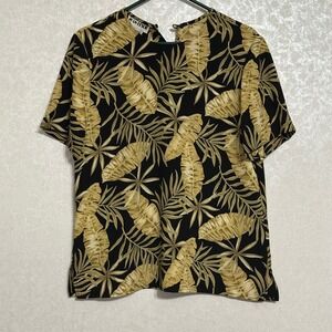 Joan Leslie Vintage Black Tropical Palm Leaf Print Short Sleeve Blouse Top Sz 10